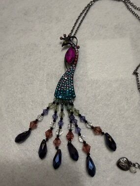 Betsey Johnson Teal and Fuchsia Peacock Drop Necklace